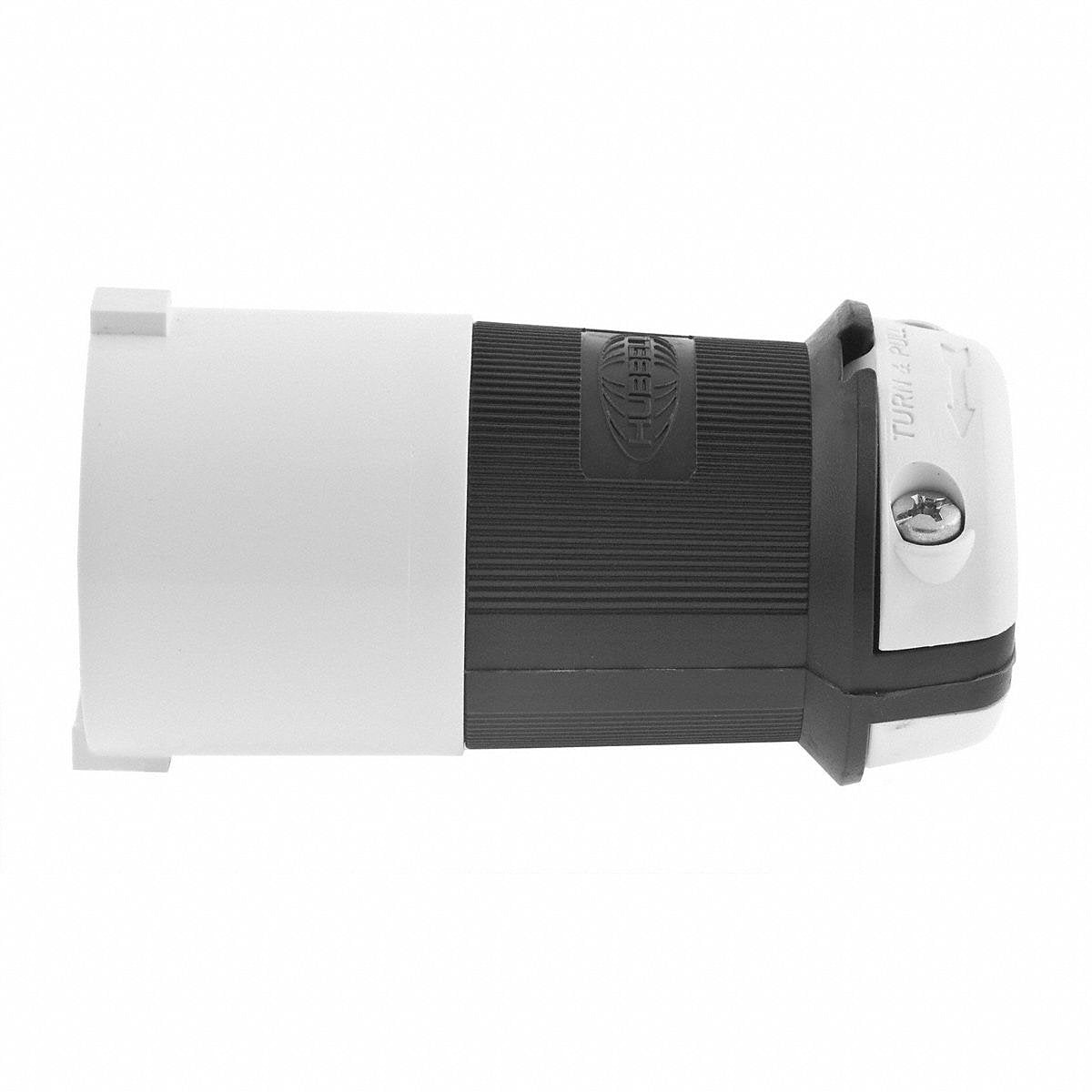 Hubbell Locking Plug, Straight, 20 A, Black/White, Nylon, 3-Blade (HBL2321S)