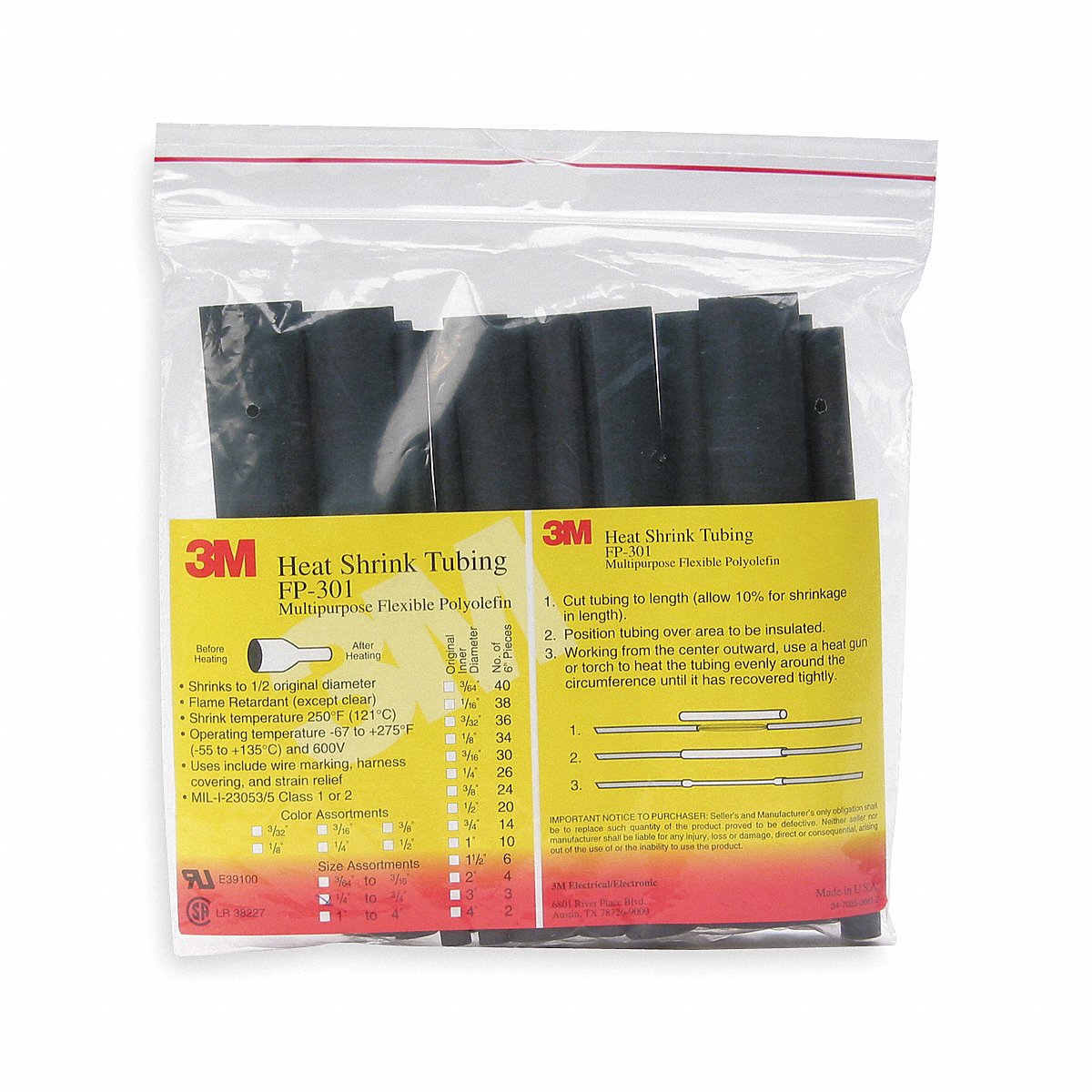 3M Shrink Tubing 6 in Black 1.5 in ID PK3 (FP301-1 1/2-6"-BLACK-10-3 PC PKS)