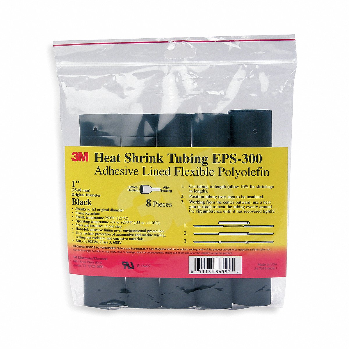 3M Shrink Tubing 6 in Black 0.375 in ID PK10 (EPS300-3/8-6"-BLACK-10-10 PC PKS)