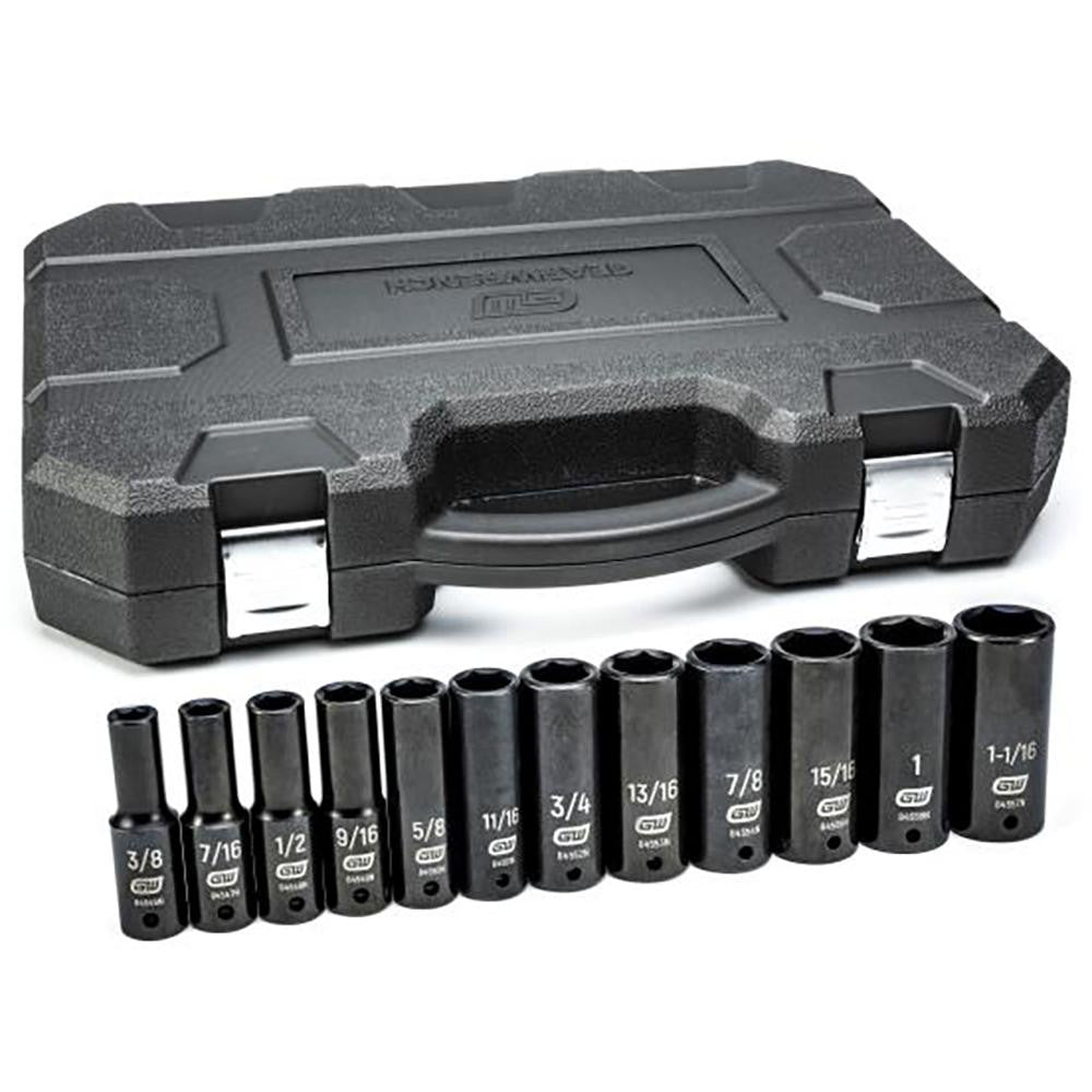 GEARWRENCH 84942N Socket Set: Deep Impact, 12 Pc, 1/2" Drive, 3/8 to 1-1/16"