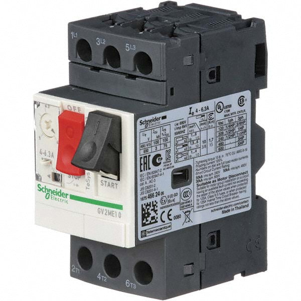 Schneider Electric GV2ME10 6.30 Amp, 690 VAC at 50/60 Hz, 3 Pole, Bolt On, Clip Motor Circuit Breaker
