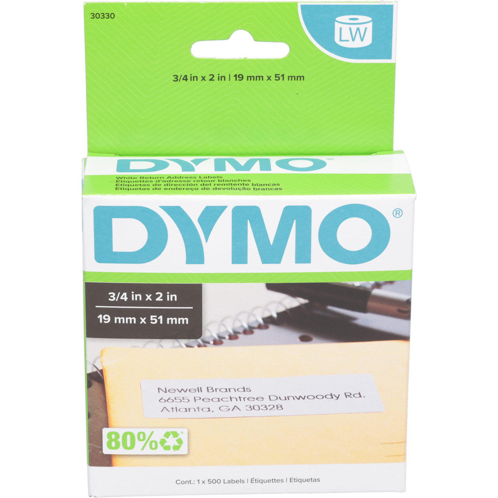 Dymo 30330 Label Maker Label: White, 2" OAL, 3/4" OAW, 500 per Roll, 1 Roll