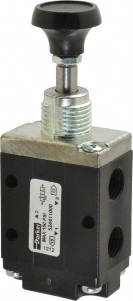 Parker 524411000 Mechanically Operated Valve: 3-Way & 2-Position, Button-Spring Return Actuator, 1/4" Inlet, 1/4" Outlet, 2 Position
