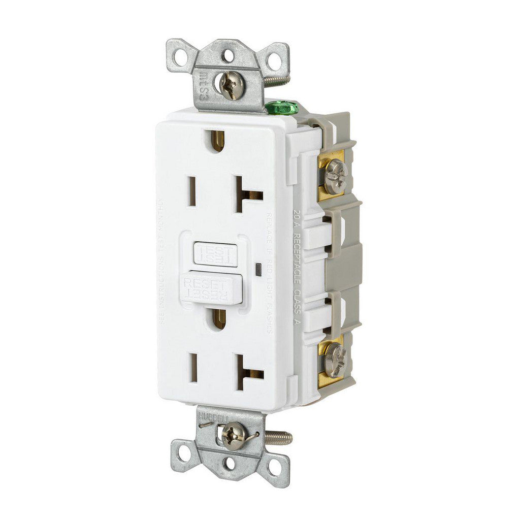 Hubbell Wiring Device-Kellems GFR20W GFCI Receptacles; Grade: Commercial; Receptacle Type: Duplex; NEMA Configuration: 5-20R; Wire Connection Type: Screw Terminals; End Type: Socket; Reset Type: Manual