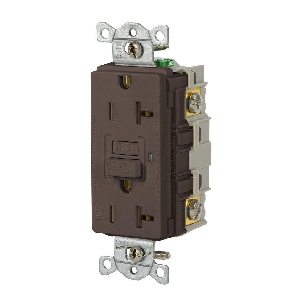 Hubbell Wiring Device-Kellems GFRWR20 GFCI Receptacles; Grade: Commercial; Receptacle Type: Duplex; NEMA Configuration: 5-20R; Wire Connection Type: Screw Terminals; End Type: Socket; Reset Type: Manual
