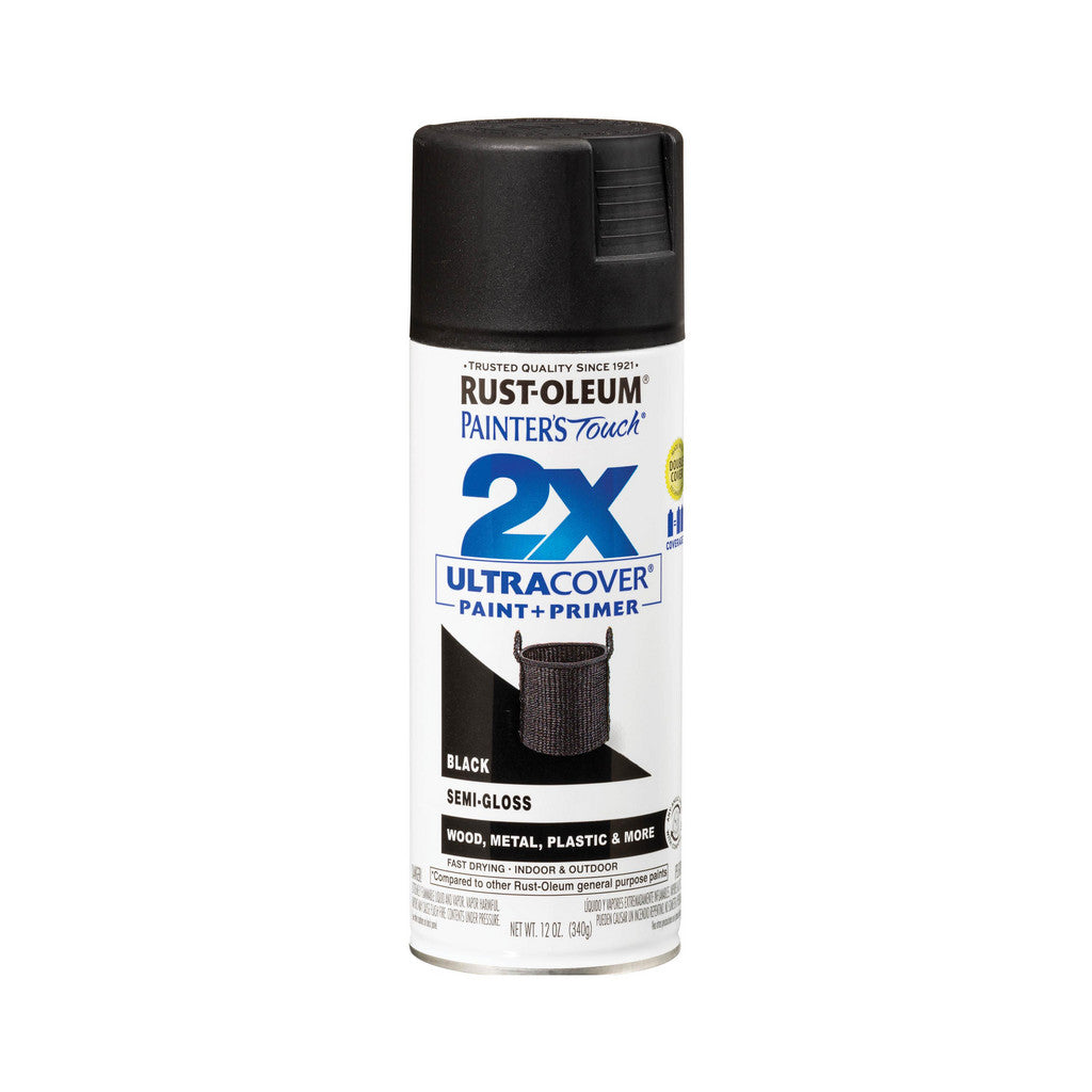 Rust-Oleum 334097 Painter's Touch 2X Ultra Cover Spray Paint, Black, Semi-Gloss, 12 oz