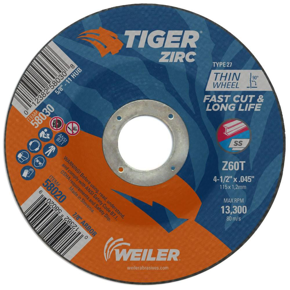 Weiler 58020 Depressed-Center Wheel: Type 27, 4-1/2" Dia, 0.0450" Thick, 7/8" Hole, Zirconia Alumina (Pack of 25)