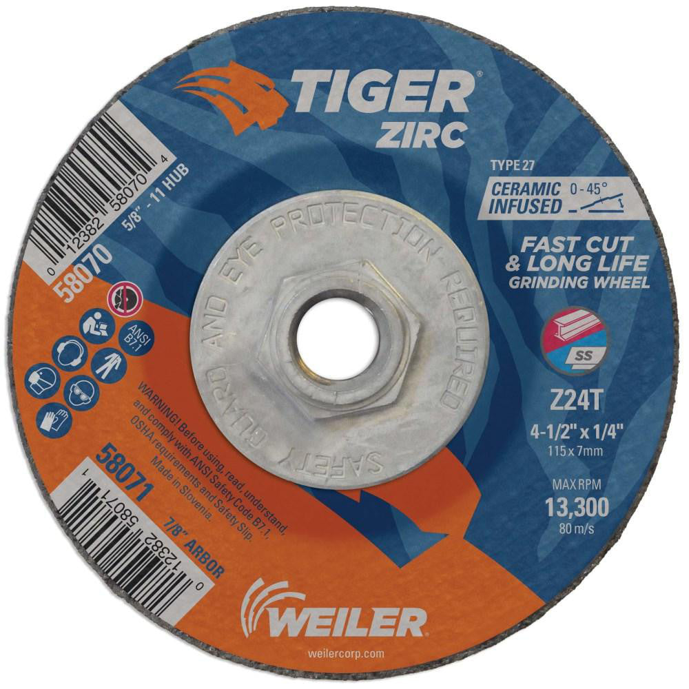 Weiler 58070 Depressed-Center Wheel: Type 27, 4-1/2" Dia, 1/4" Thick, 5/8-11 Hole, Zirconia Alumina (Pack of 10)