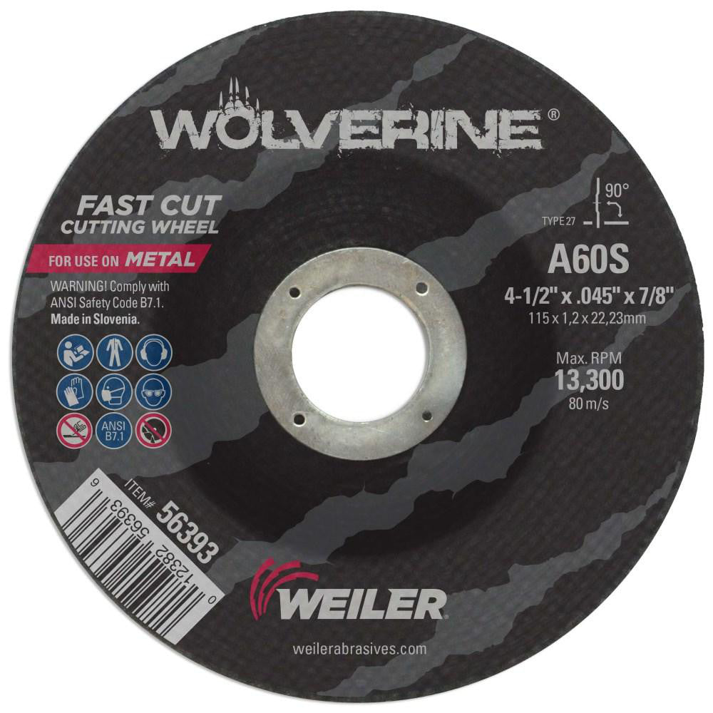 Weiler 56393 Depressed-Center Wheel: Type 27, 4-1/2" Dia, 0.0450" Thick, 7/8" Hole, Aluminum Oxide (Pack of 25)