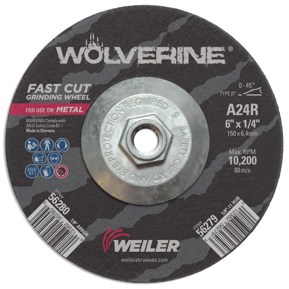 Weiler 56279 Depressed-Center Wheel: Type 27, 6" Dia, 1/4" Thick, 5/8-11 Hole, Aluminum Oxide (Pack of 10)