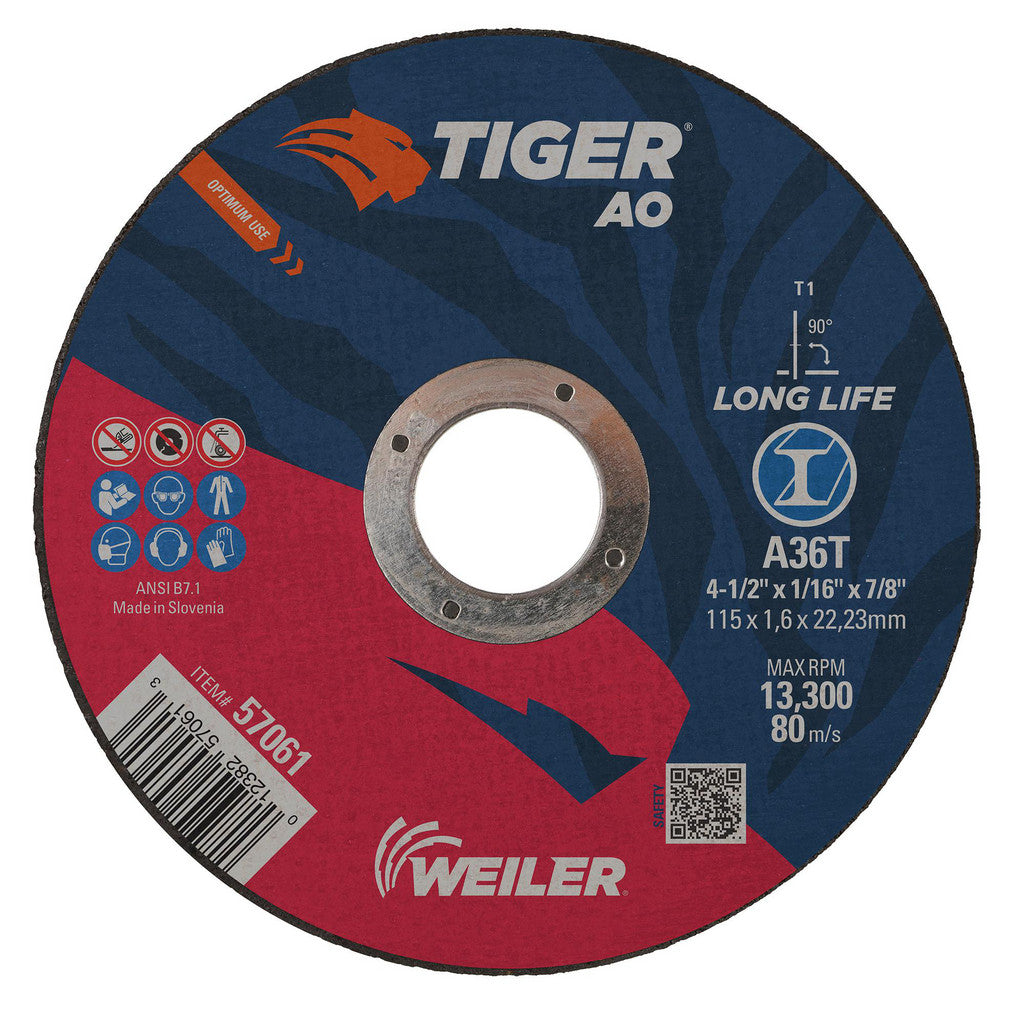 Weiler 57061 Cut-Off Wheel: Type 1 (01/41), 4-1/2 Dia, 1/16" Thick, 7/8" Hole, Aluminum Oxide (Pack of 25)