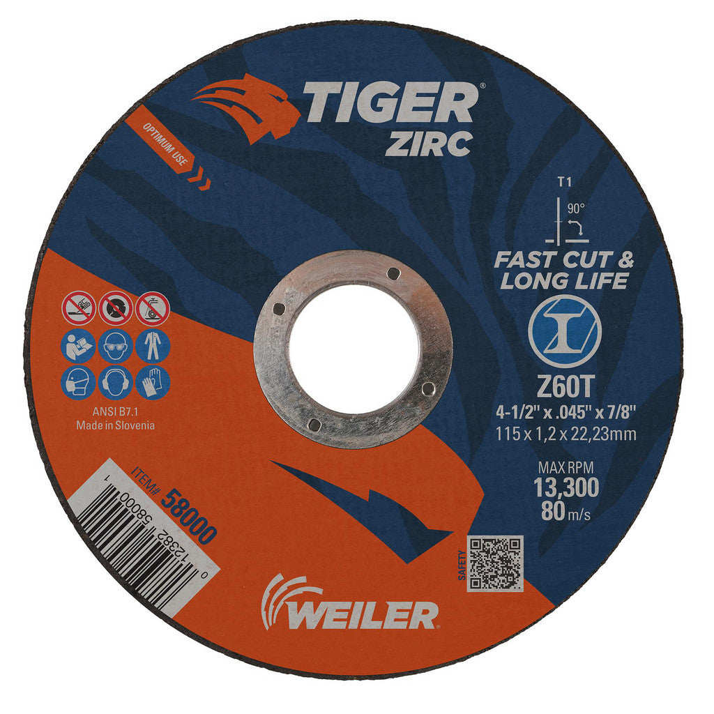 Weiler 58000 Cut-Off Wheel: Type 1 (01/41), 4-1/2 Dia, 0.0450" Thick, 7/8" Hole, Zirconia Alumina (Pack of 25)
