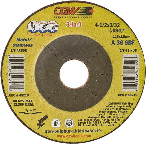 CGW Abrasives 45218 Depressed-Center Wheel: Type 27 & Type 42, 4-1/2" Dia, 3/32" Thick, 7/8" Hole, Aluminum Oxide