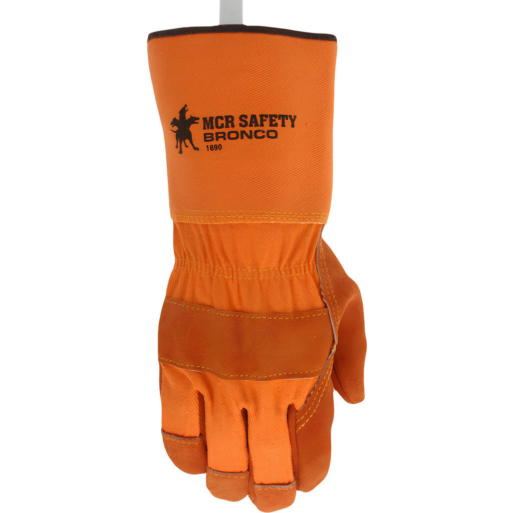 MCR Safety Work Gloves: BRONCO 1690, Size Large, Cowhide Leather Lined, Cowhide Leather, General Purpose