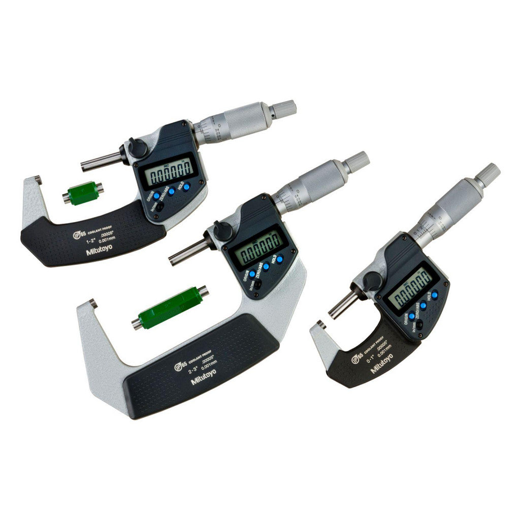 Mitutoyo 293-960-32 0 to 3" Range, 0.001mm Resolution, IP65, 3 Piece Electronic Outside Micrometer Sets