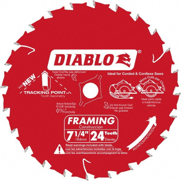 DIABLO D0724X Wet & Dry Cut Saw Blade: 7-1/4" Dia, 5/8" Arbor Hole, 0.059" Kerf Width, 24 Teeth