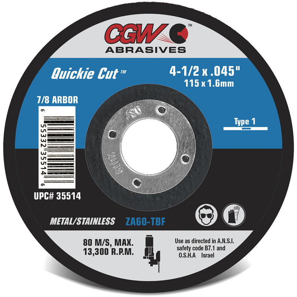CGW Abrasives 45010 Cut-Off Wheel: Type 1 (01/41), 4-1/2 Dia, 0.0350" Thick, 7/8" Hole, Zirconia Alumina