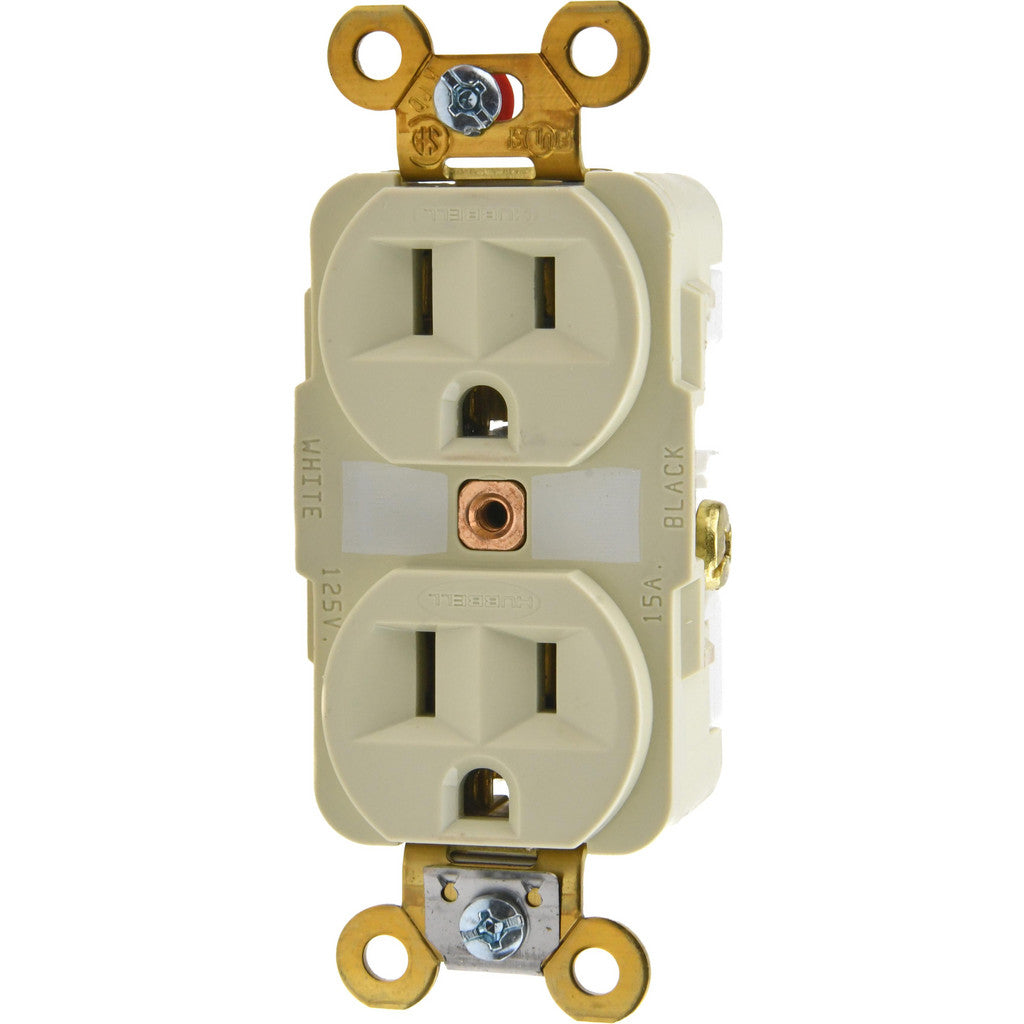 Hubbell Wiring Device-Kellems HBL5262I Straight Blade Duplex Receptacle: NEMA 5-15R, 15 Amps, Self-Grounding