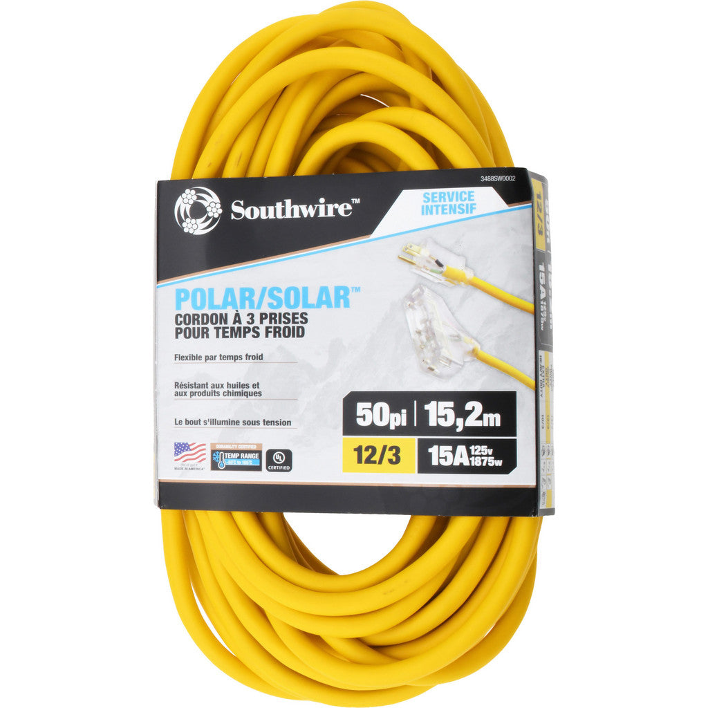 Southwire 3488SW0002 50', 12/3 Gauge/Conductors, Yellow Indoor & Outdoor Extension Cord