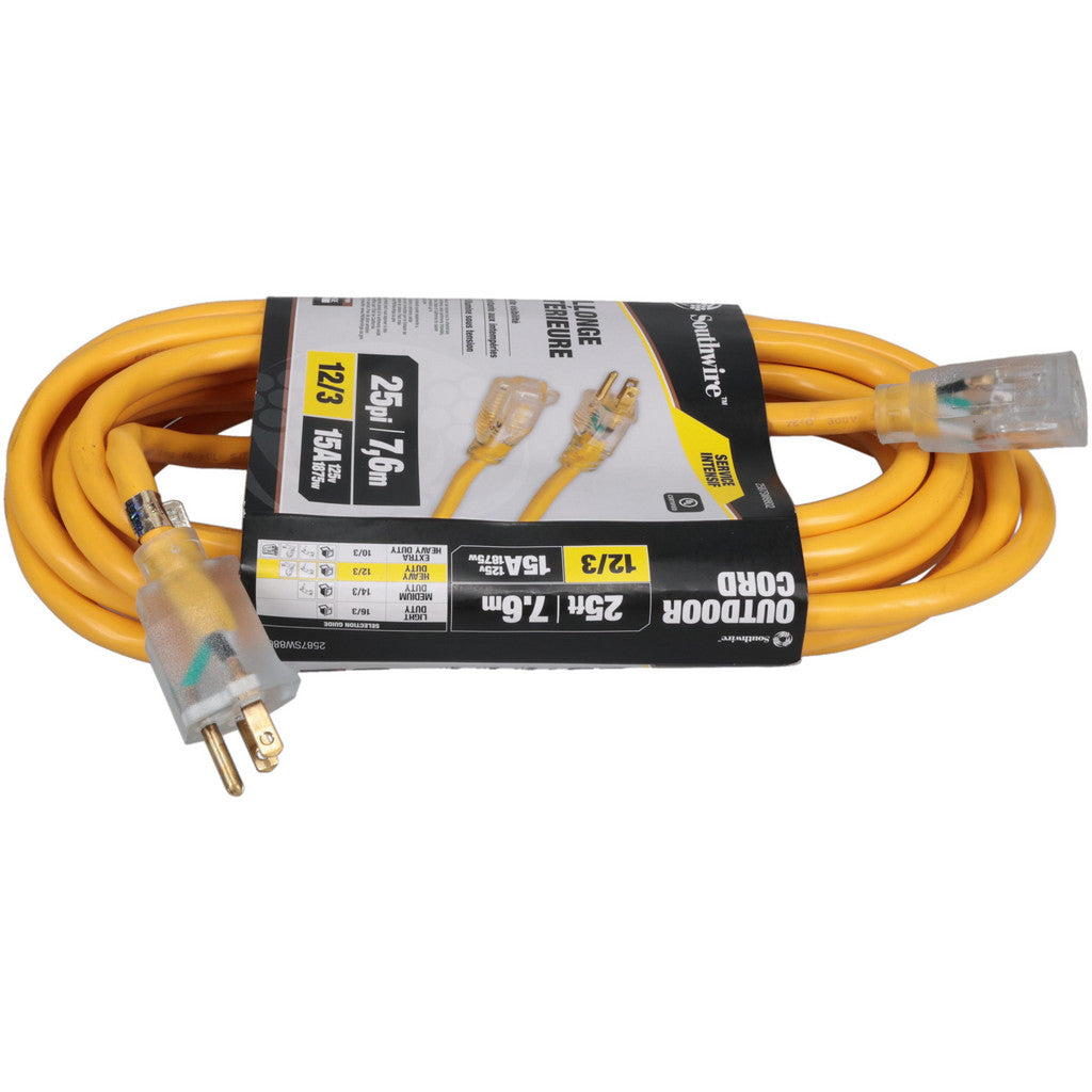 Southwire 2587SW8802 25', 12/3 Gauge/Conductors, Yellow Indoor & Outdoor Extension Cord