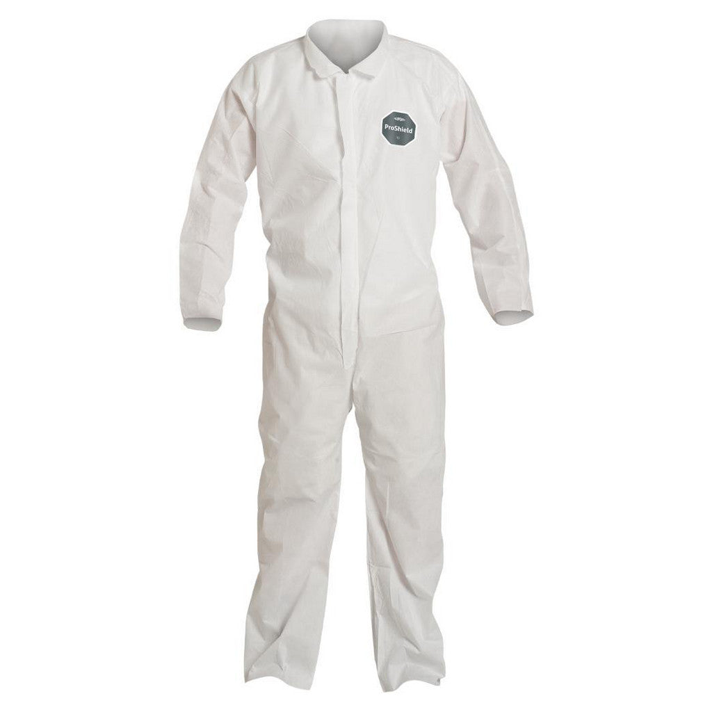 Dupont PB120SWH3X002500 Disposable Coveralls: Liquid, Splash & Abrasion Protection, Size 3X-Large, 1.3000 oz, ProShield 10, Zipper & Stormflaps Closure