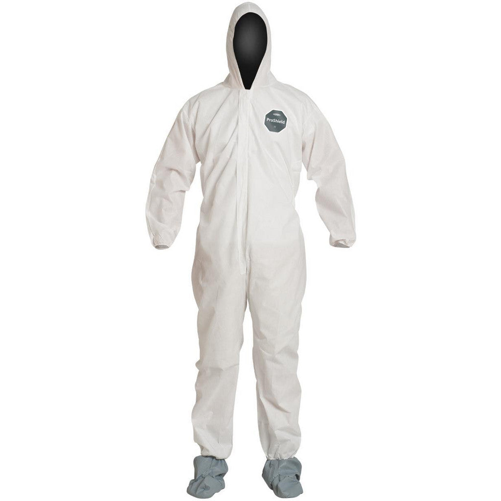 Dupont PB122SWHXL002500 Disposable Coveralls: Liquid, Splash & Abrasion Protection, Size X-Large, 1.3000 oz, ProShield 10, Zipper & Stormflaps Closure