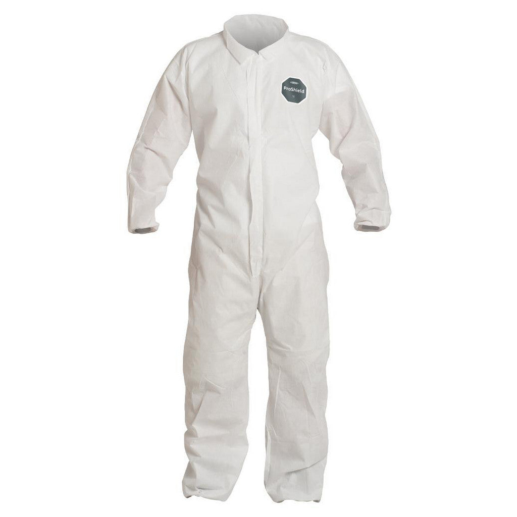 Dupont PB125SWHLG002500 Disposable Coveralls: Liquid & Splash Protection, Size Large, 1.3000 oz, ProShield 10, Zipper & Stormflaps Closure