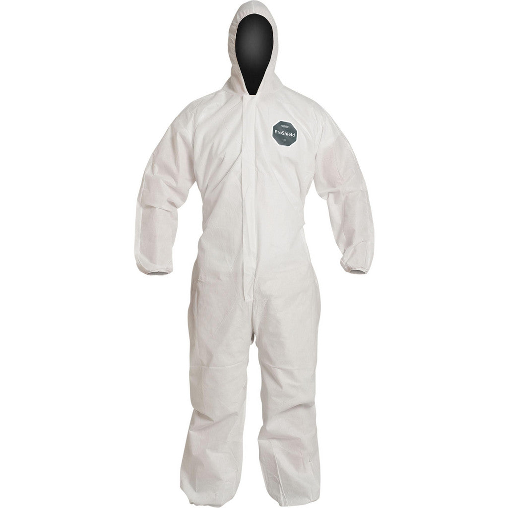 Dupont PB127SWHLG002500 Disposable Coveralls: Liquid, Splash & Abrasion Protection, Size Large, 1.3000 oz, ProShield 10, Zipper Closure