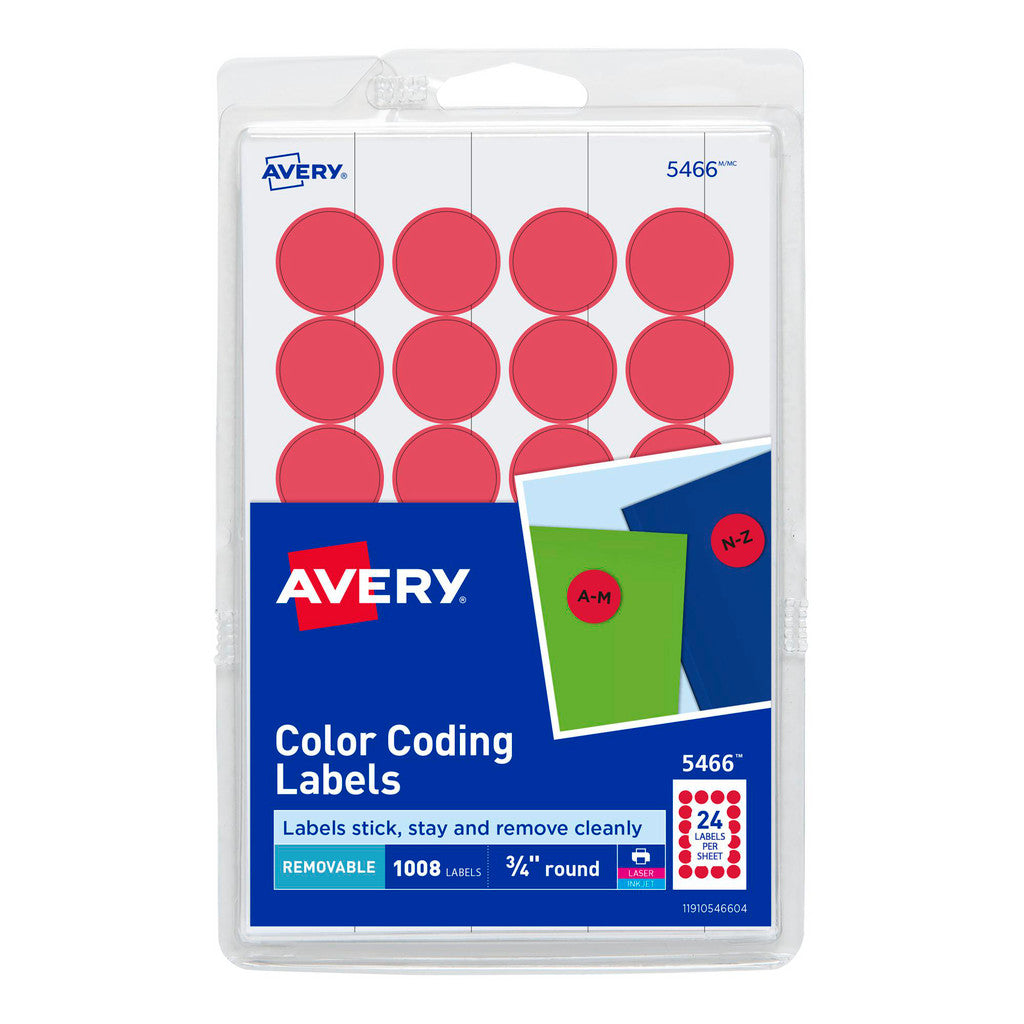 AVERY 5466 Label Maker Label: Red, Paper, 3/4" OAL, 3/4" OAW, 1,008 per Roll