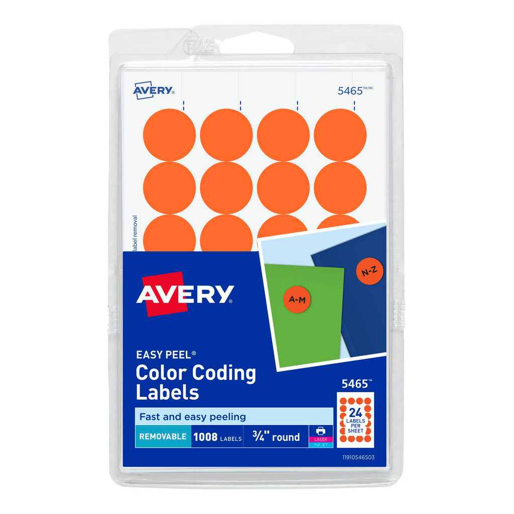 AVERY 5465 Label Maker Label: Orange, Paper, 3/4" OAL, 3/4" OAW, 1,008 per Roll