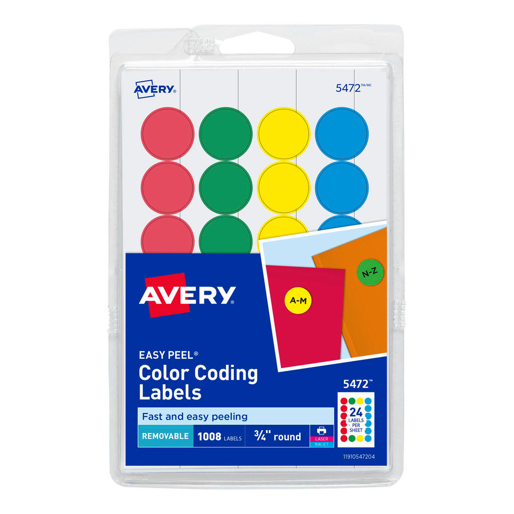 AVERY 5472 Label Maker Label: Assorted Color, Paper, 3/4" OAL, 3/4" OAW, 1,008 per Roll