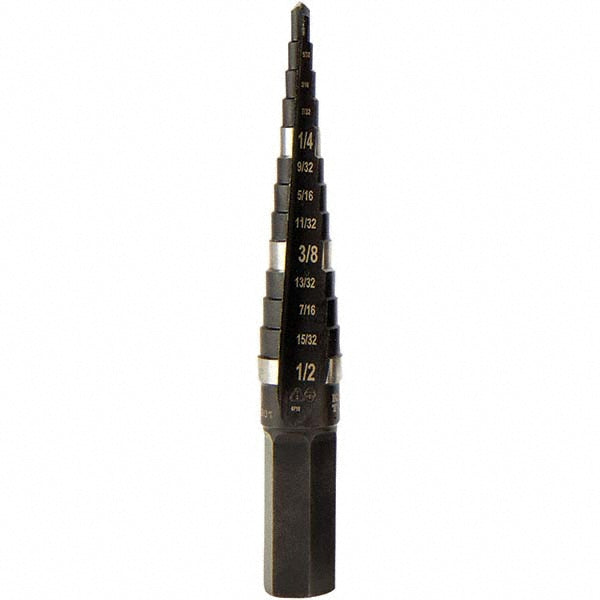 Klein Tools KTSB01 Step Drill Bits: 1/8" to 1/2" Hole Dia, 3/8" Shank Dia, High Speed Steel, 13 Hole Sizes