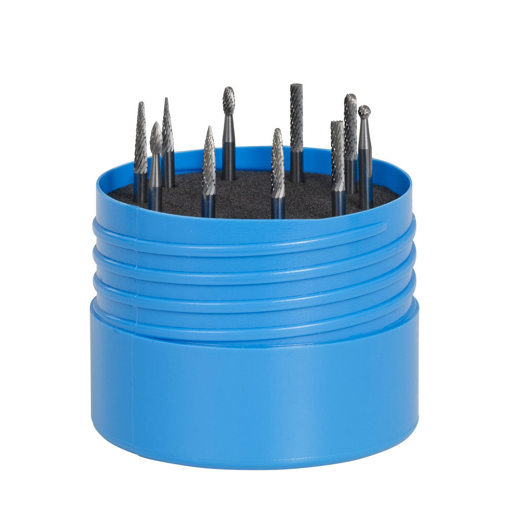 SGS Pro 18263 10 Pc Double Cut Burr Set with Ball, Cone, Cone w/Rad End, Cylinder, Cylinder Ball End, Cylinder w/Endcut, Flame, Oval, Tree, Tree w/Rad End