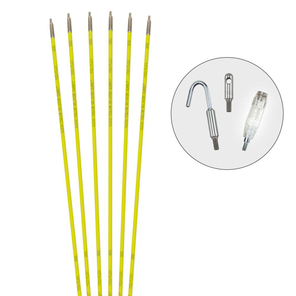 Klein Tools 56430 Line Fishing System Kits & Components; Component Type: Glow Rod Kit; Includes: (6) 5' (1.5 m) Glow Rods with Bullet Nose, Hook, & LED-Illuminated Tip Attachments; Overall Length (Feet): 30; Inside Diameter (Inch): 3/16