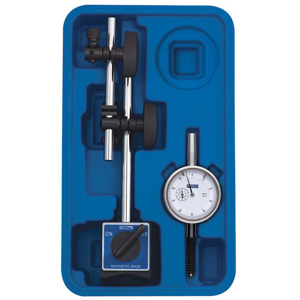 Fowler 52-585-155-0 Dial Indicator & Base Kit: 2.3000" Base Length, 1.8000" Base Height, 2" Base Width, 1.0000" Max Measurement, 0-100 Dial, 0.0010" Accuracy