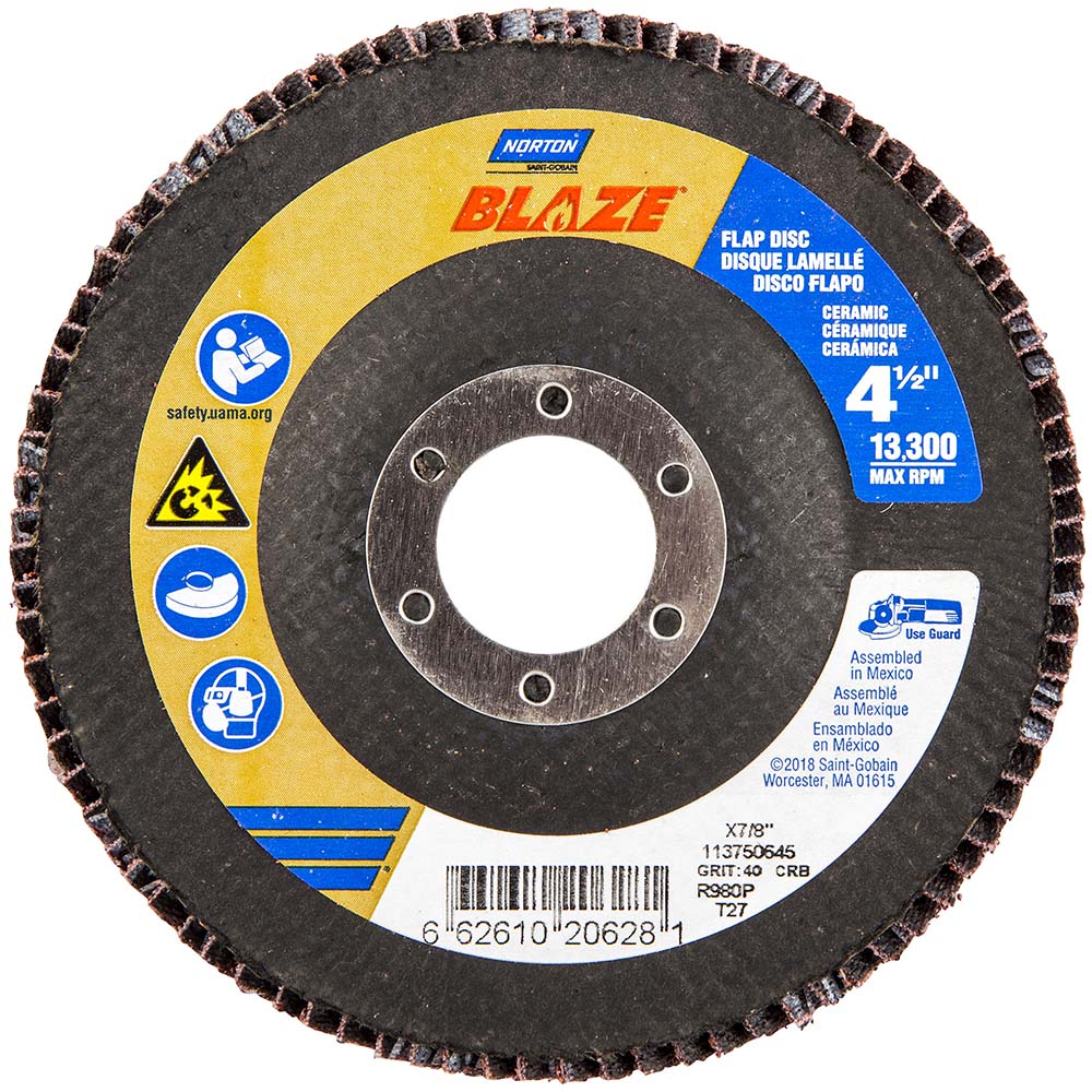 Norton 66261020628 Flap Disc: 4-1/2" Dia, 7/8" Hole, Ceramic Alumina, Type 27