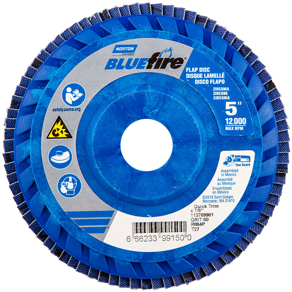Norton 66623399150 Flap Disc: 5" Dia, 7/8" Hole, Zirconia Alumina, Type 27 (Pack of 10)
