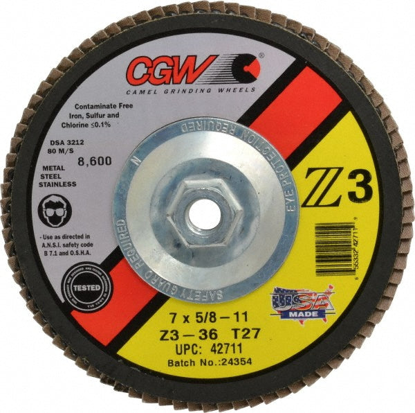CGW Abrasives 42711 Flap Disc: 7" Dia, Zirconia Alumina, Type 27