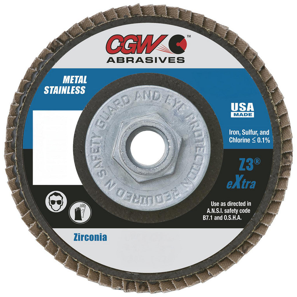 CGW Abrasives 42302 Flap Disc: 4-1/2" Dia, 7/8" Hole, Zirconia Alumina, Type 27