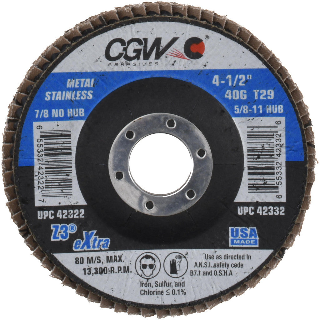 CGW Abrasives 42322 Flap Disc: 4-1/2" Dia, 7/8" Hole, Zirconia Alumina, Type 29