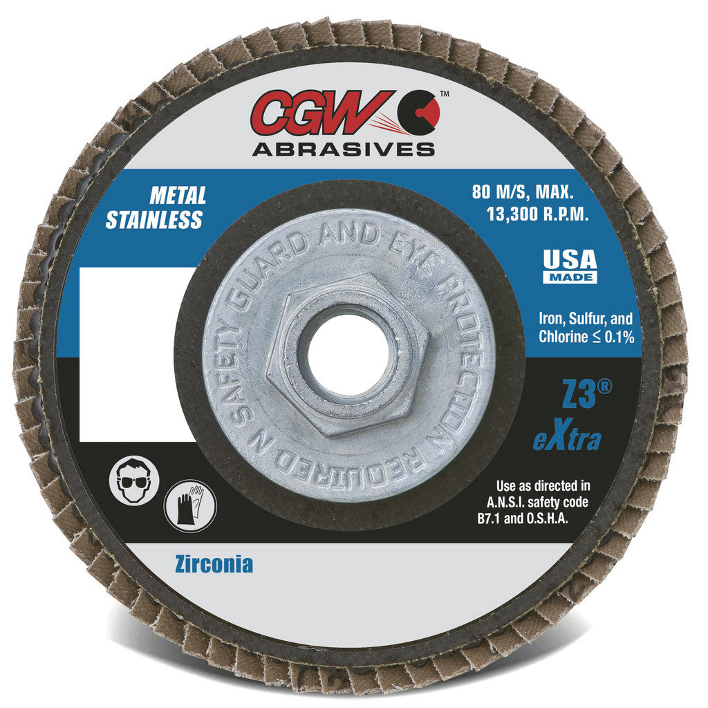 CGW Abrasives 42342 Flap Disc: 4-1/2" Dia, 7/8" Hole, Zirconia Alumina, Type 27