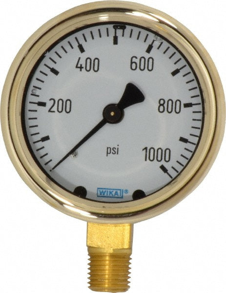 Wika 9310770 Pressure Gauge: 2-1/2" Dial, 0 to 1,000 psi, 1/4" Thread, NPT, Lower Mount