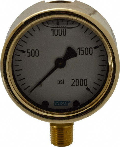 Wika 9310797 Pressure Gauge: 2-1/2" Dial, 0 to 2,000 psi, 1/4" Thread, NPT, Lower Mount