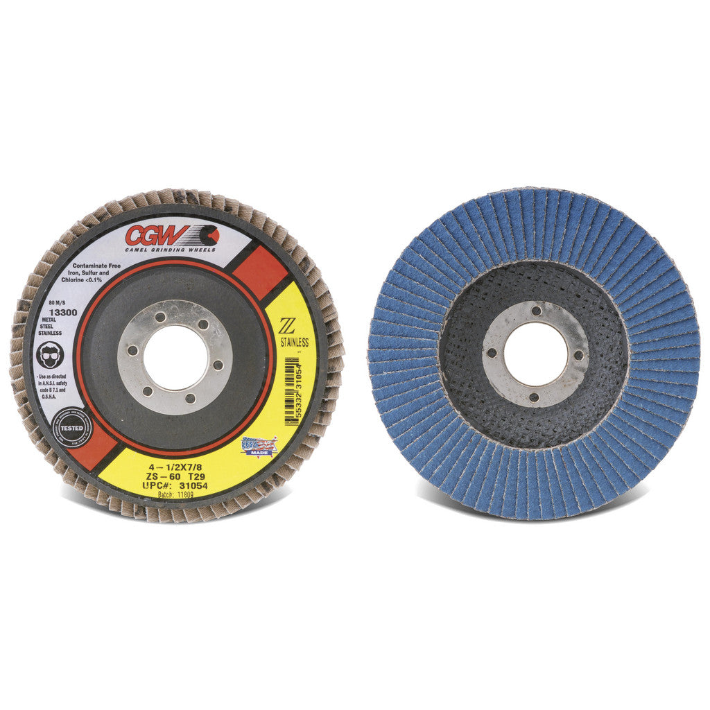 CGW Abrasives 31094 Flap Disc: 4-1/2" Dia, 7/8" Hole, Zirconia Alumina, Type 27