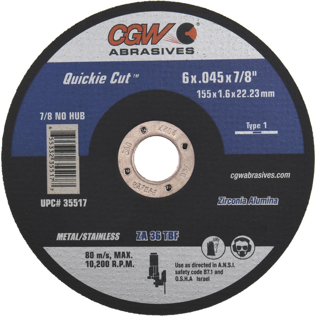 CGW Abrasives 35517 Cut-Off Wheel: Type 1 (01/41), 6 Dia, 0.0450" Thick, 7/8" Hole, Zirconia Alumina (Pack of 25)