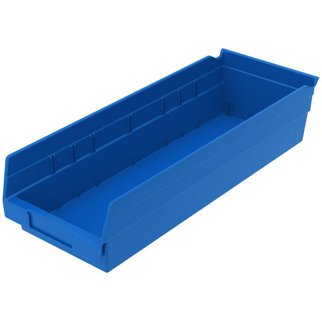 Akro-Mils 30138 BLUE Bins; Bin Style: Hopper Shelf; Shape: Rectangle; Material Family: Polymer; Overall Width (Inch): 6-5/8; Overall Length (Inch): 17-7/8; Overall Height (Inch): 4 (Pack of 12)