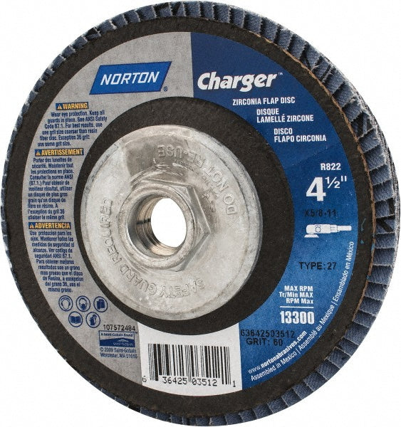 Norton 63642503512 Flap Disc: 4-1/2" Dia, Zirconia Alumina, Type 27