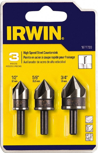 Irwin 1877720 Countersink Set: 3 Pc, 1/2 to 3/4" Head Dia, 5 Flute, 82 deg Included Angle
