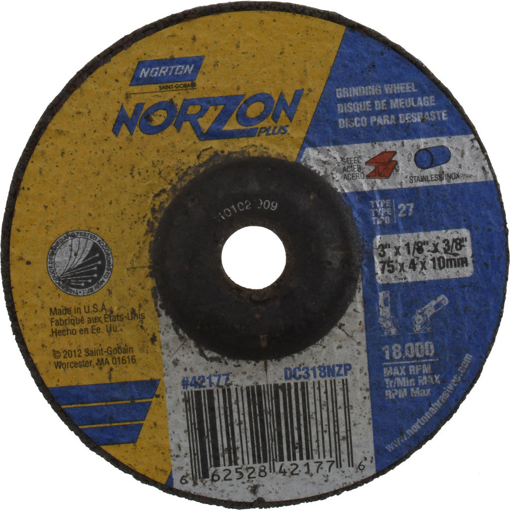 Norton 66252842177 Depressed-Center Wheel: Type 27, 3" Dia, 1/8" Thick, 3/8" Hole, Ceramic Alumina