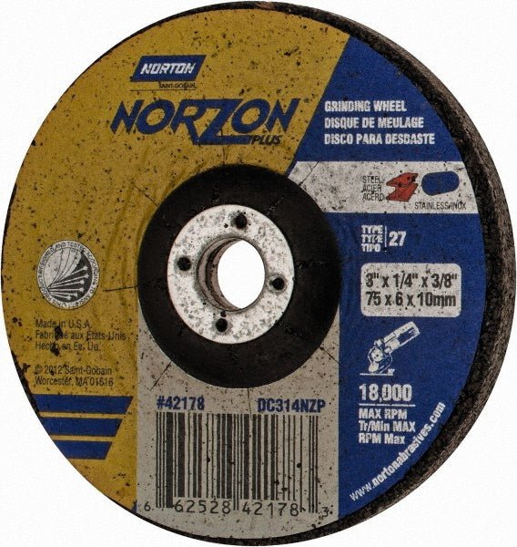 Norton 66252842178 Depressed-Center Wheel: Type 27, 3" Dia, 1/4" Thick, 3/8" Hole, Ceramic Alumina